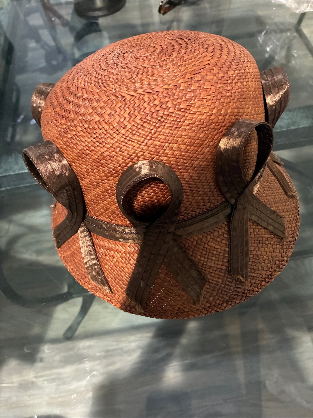 Brown Straw Cloche Hat with Black Ribbon Accents